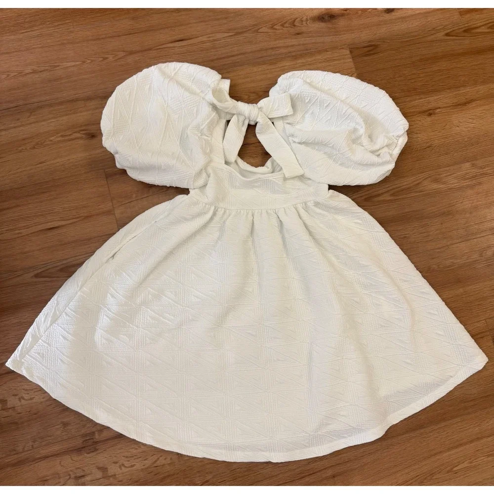 Free People Violet Mini Dress White Puff Sleeve Tie Back Textured Babydoll XS